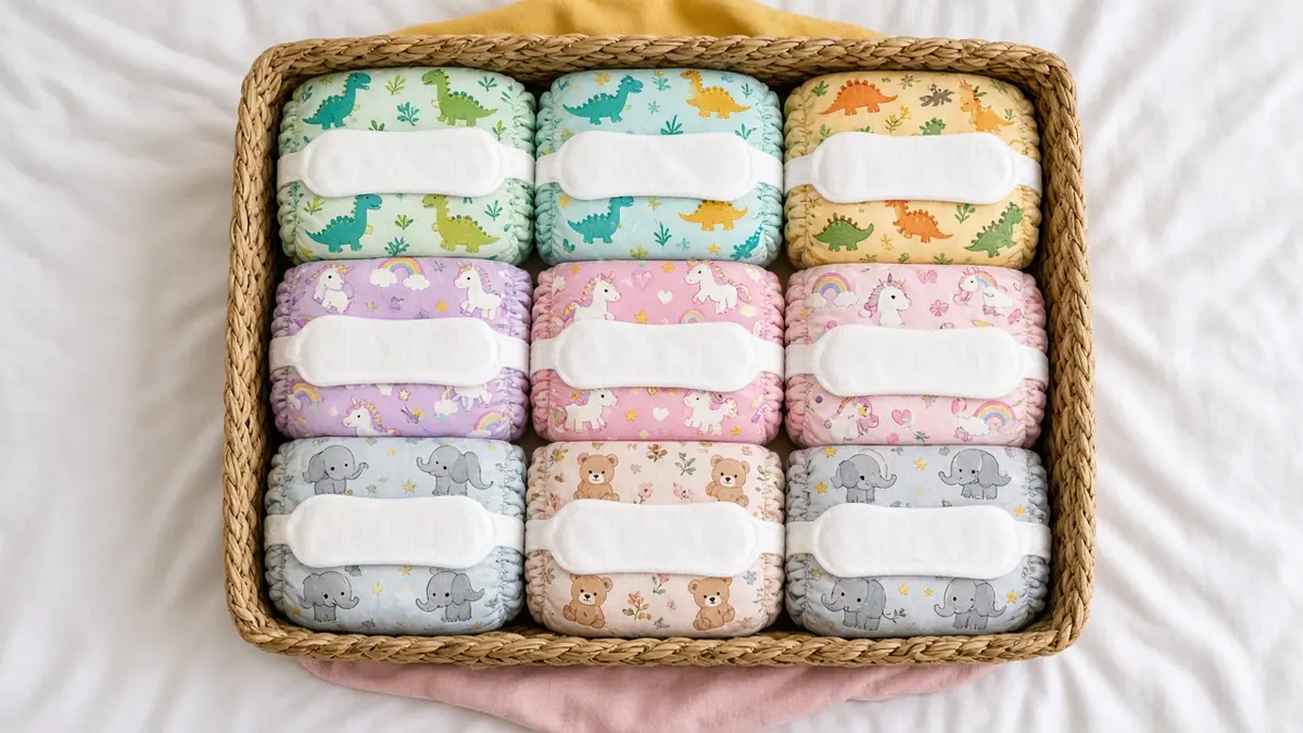Basket of animal-print cloth diapers with inserts