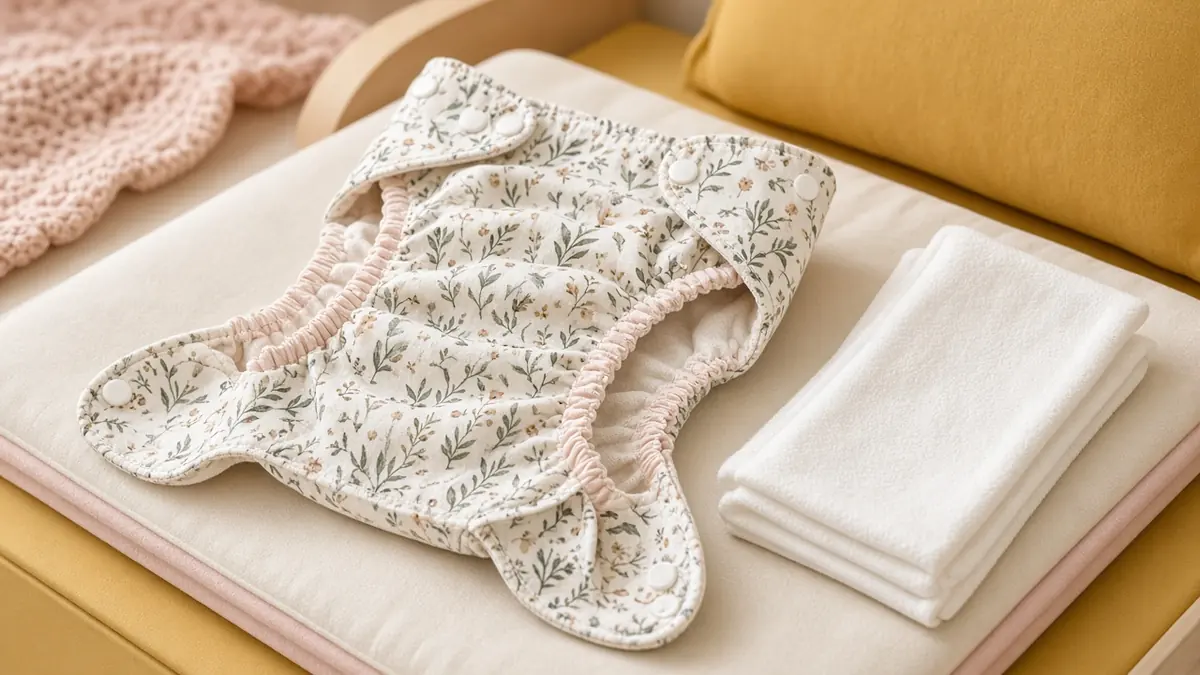 Open cloth diaper showing leg elastics and snaps with a folded insert