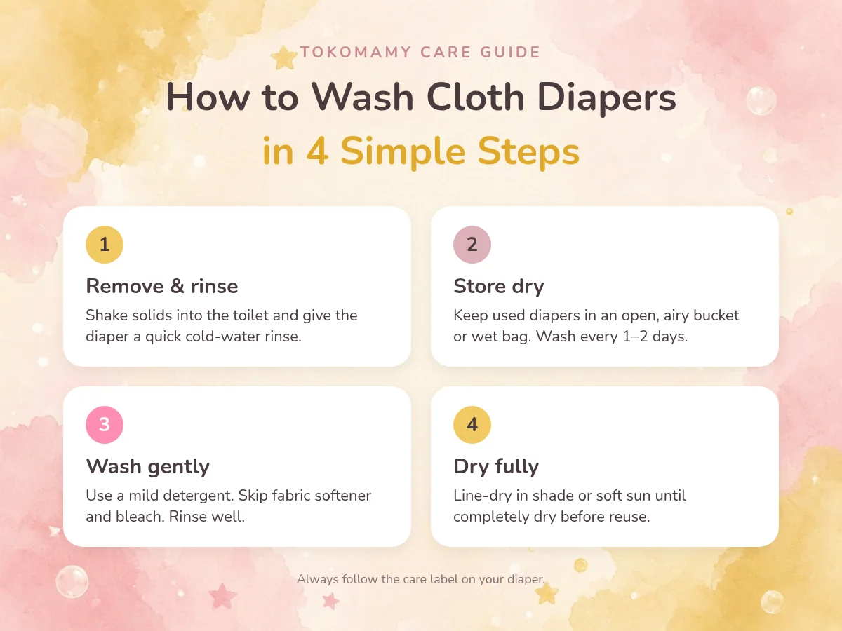 Infographic: how to wash cloth diapers in 4 steps – rinse, store, wash, dry