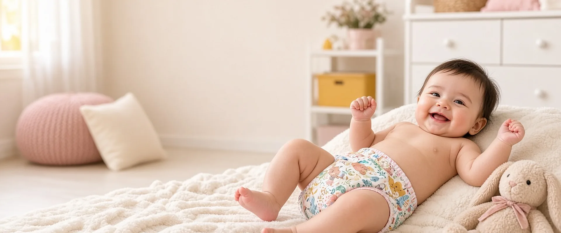 Happy baby wearing a colourful reusable cloth diaper in a pastel nursery